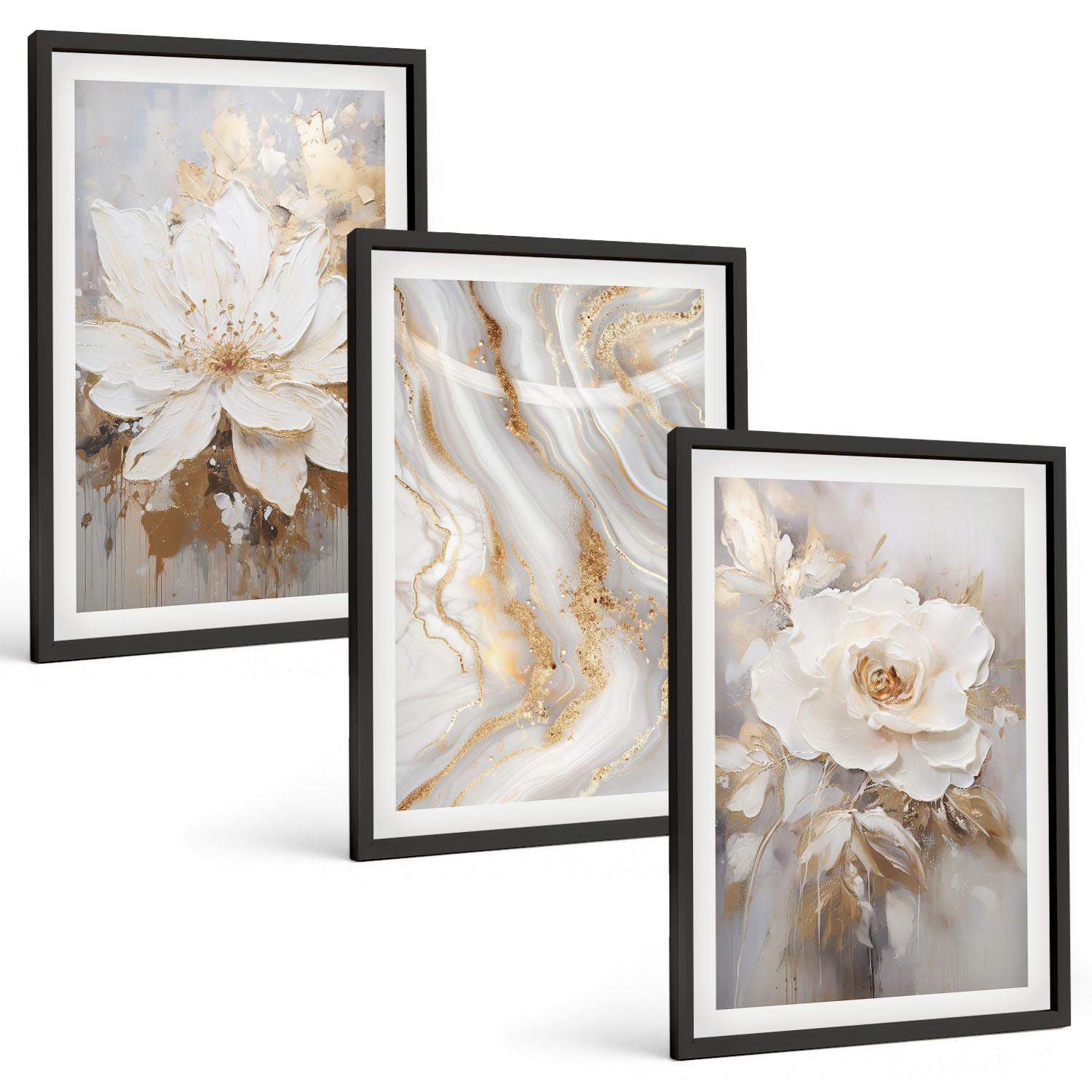 BILDER SET 3er Set - 40x60 cm Schwarzer Rahmen - Abstrakte Blumen aus Marmor - Schwarz, Kunststoff (40/60cm) - TULUP