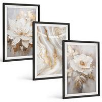 BILDER SET 3er Set - 40x60 cm Schwarzer Rahmen - Abstrakte Blumen aus Marmor - Schwarz, Kunststoff (40/60cm) - TULUP