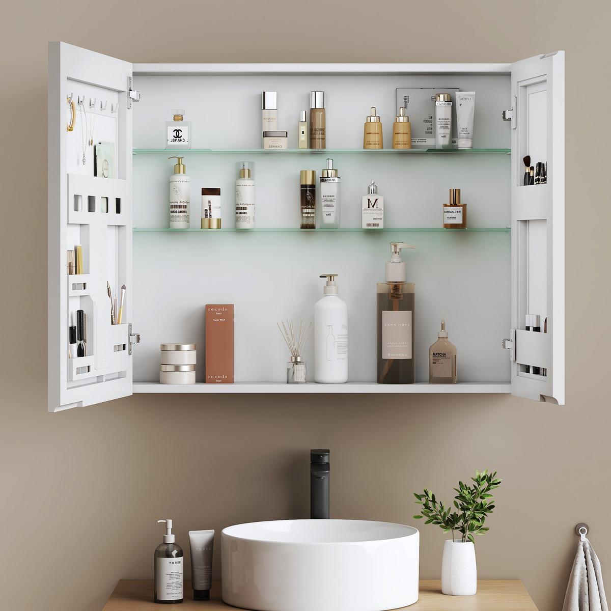 SPIEGELSCHRANK mit Ablagefächern und Rückwand-Stauraum mattweiß 65/80 cm - Weiß, Glas (80/65/15cm) - EMKE