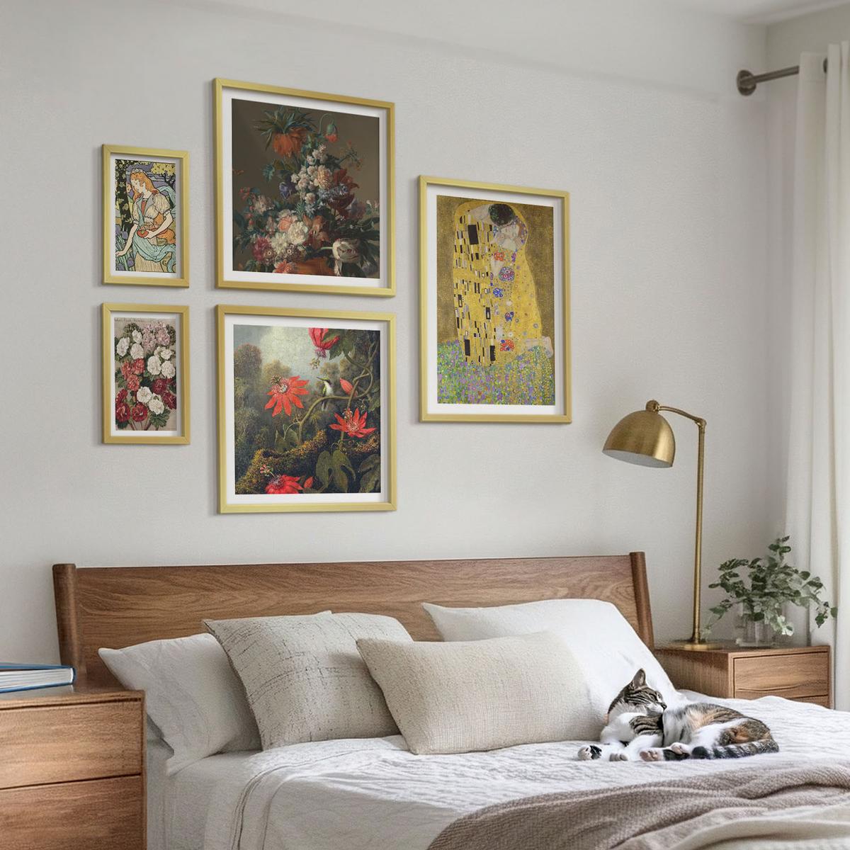BILDER SET 5er Set - 50x50 cm & 20x30 cm & 40x60 cm Goldrahmen - Blumen des Baumes (Gemälde von Klimt) - Goldfarben, Kunststoff (40/60cm) - TULUP
