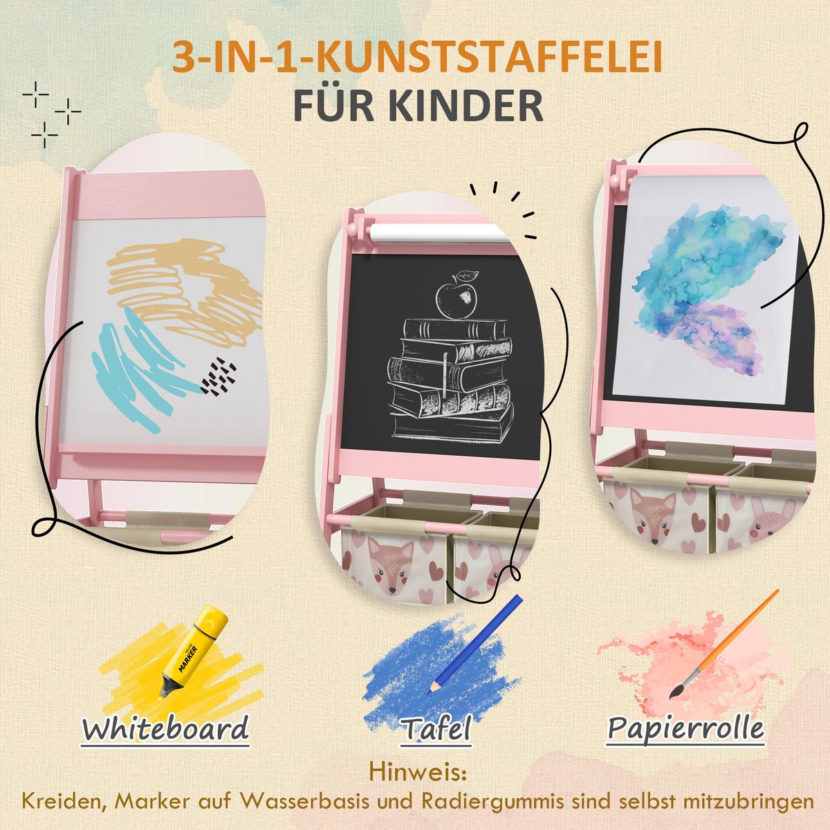 KINDERTAFEL, 3 in 1 Kinder Staffelei, Doppelseitige Standtafel mit Papierrolle - Rosa, Holzwerkstoff (46.5/93/54cm) - AIYAPLAY