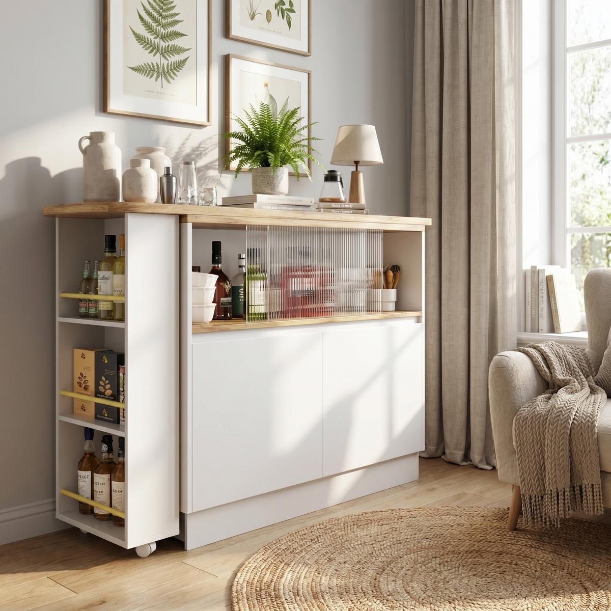 BARSCHRANK 360° drehbar & schwarz mit glastüren & flexiblem bartisch - Weiß, Holzwerkstoff (90/100/45cm) - Urban Meuble