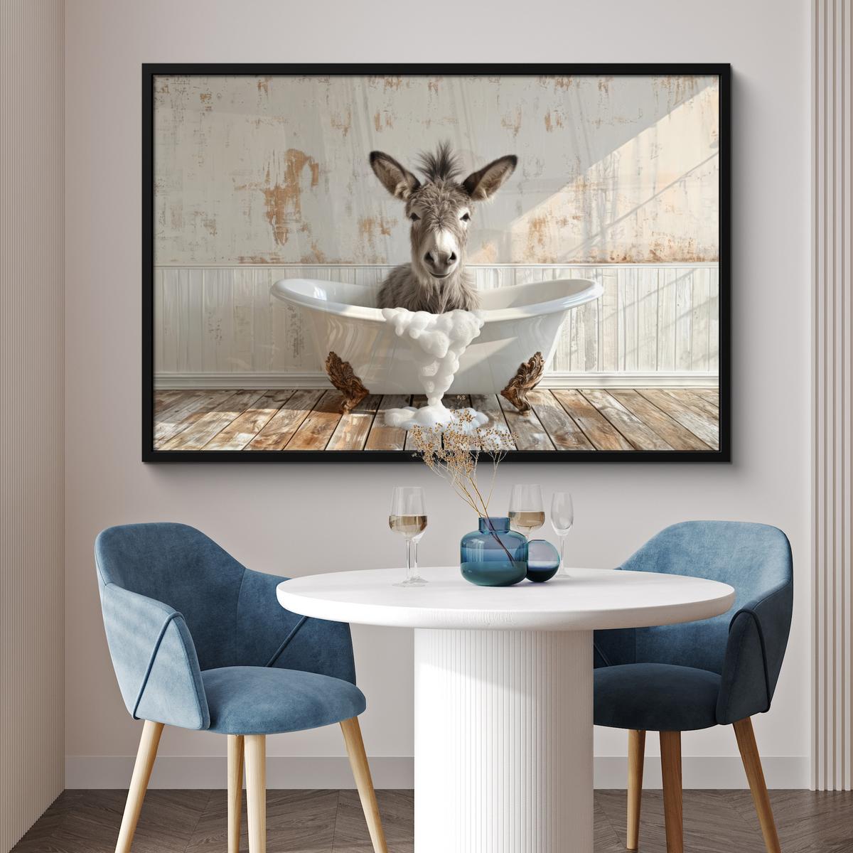 POSTER MIT RAHMENGERAHMTES BILD Esel - Tiere - Badewanne - Schaumstoff 120x80 cm - Weiß, Papier (120/80cm) - MuchoWow