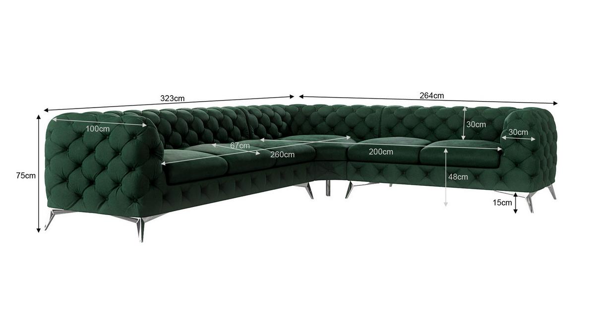 ECKSOFA Chesterfield Laura Flasche Grün Samt - Smaragdgrün/Silberfarben, Holz/Textil (323/264cm) - S-Style Möbel