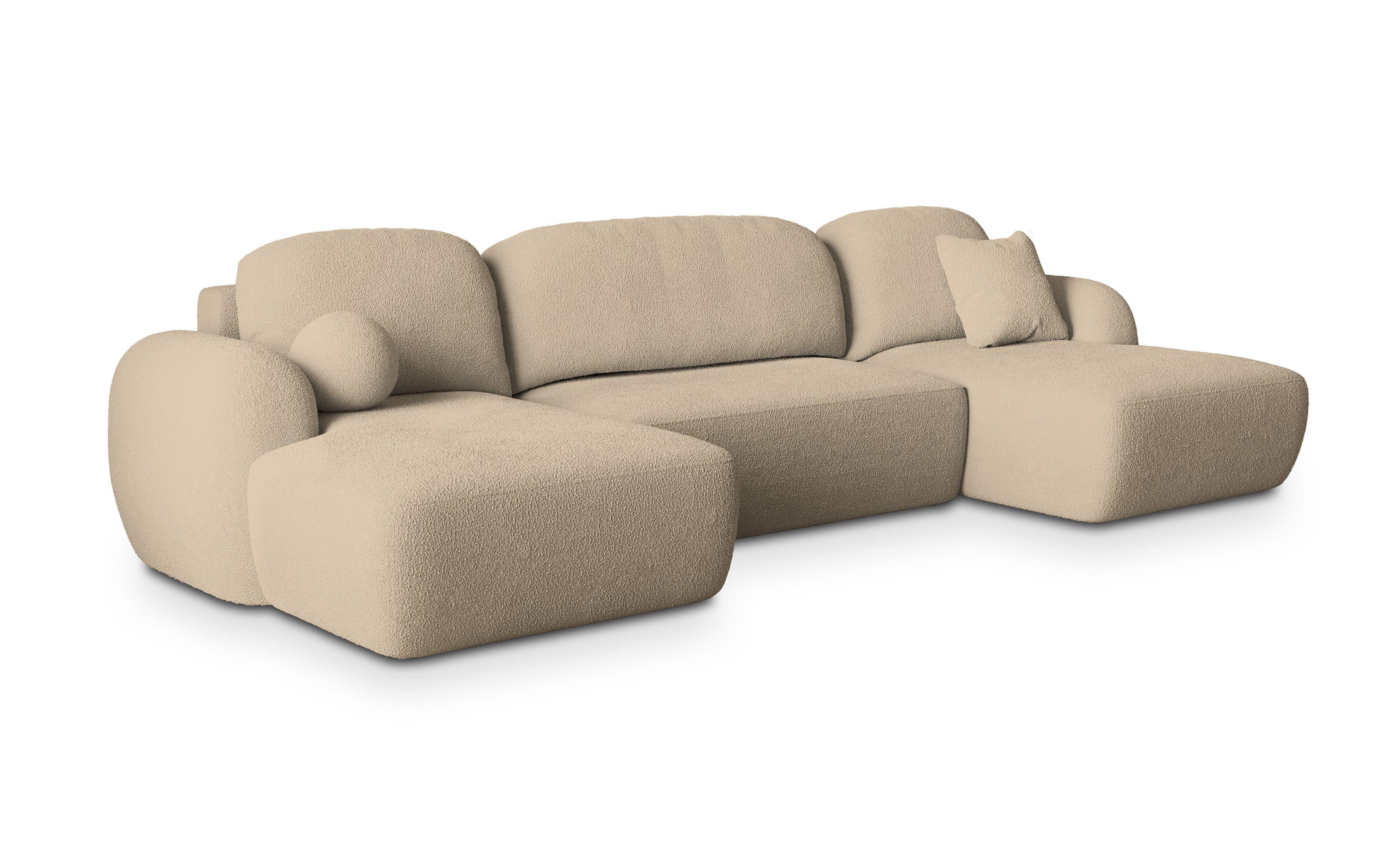 WOHNLANDSCHAFT SAVONA N Creme Boucle-Stoff mit Schlaffunktion - Creme/Schwarz, Holz/Kunststoff (320/90/148cm) - MASSENO