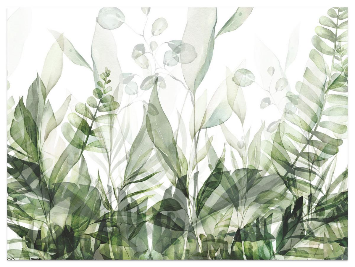 FOTOTAPETE für Schlafzimmer Aquarell Tropische Grüne Blätter Exotisch Blätter 200x140 - Weiß/Grün, Papier (200/140cm) - Muralo