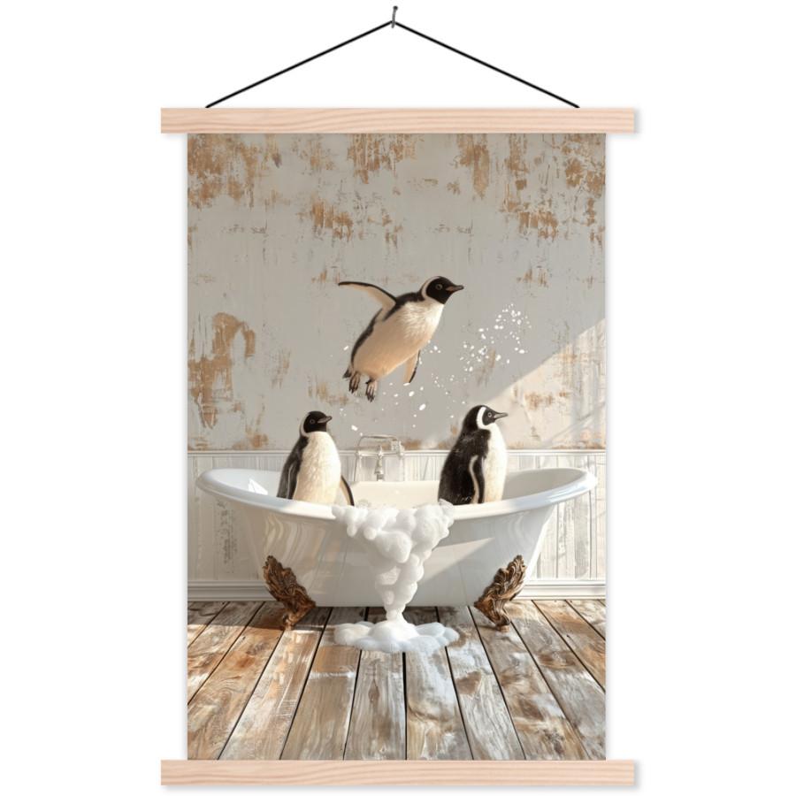 POSTER MIT MAGNETLEISTEN Vintage - Pinguin - Badewanne - Schaumstoff Deko Wohnzimmer 40x60 cm - Schwarz, Textil (40/60/0.15cm) - MuchoWow