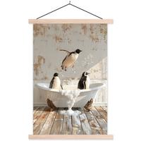 POSTER MIT MAGNETLEISTEN Vintage - Pinguin - Badewanne - Schaumstoff Deko Wohnzimmer 40x60 cm - Schwarz, Textil (40/60/0.15cm) - MuchoWow