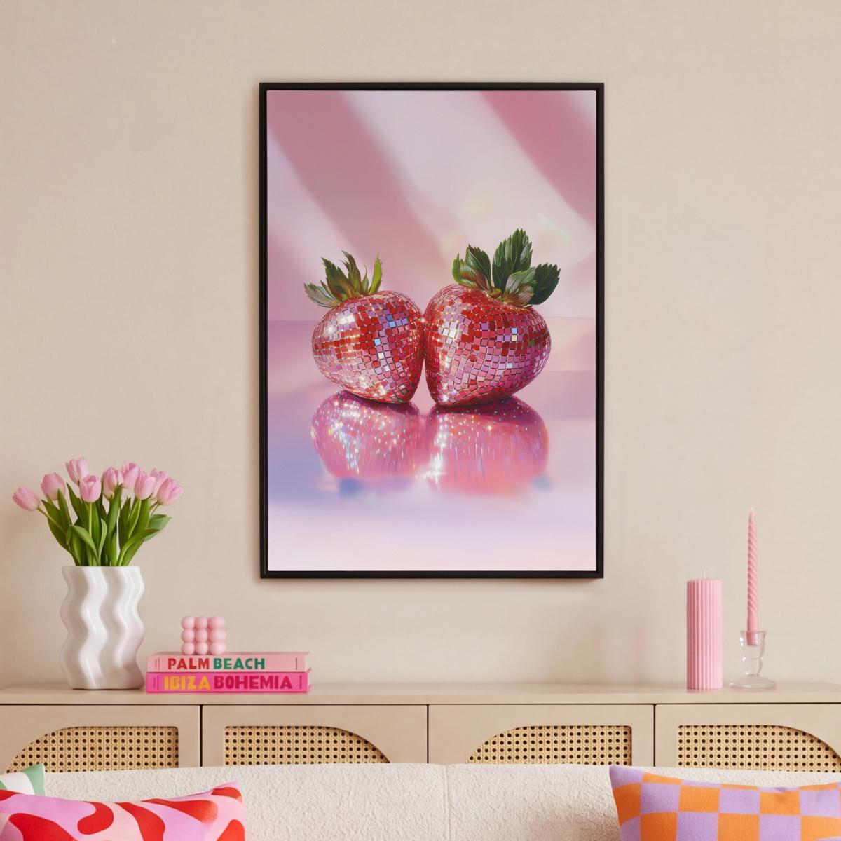 LEINWAND Bilder mit Rahmen - Disco - Obst - Glitzer - Erdbeere - 60x90 - Pink, Textil (60/90cm) - MuchoWow