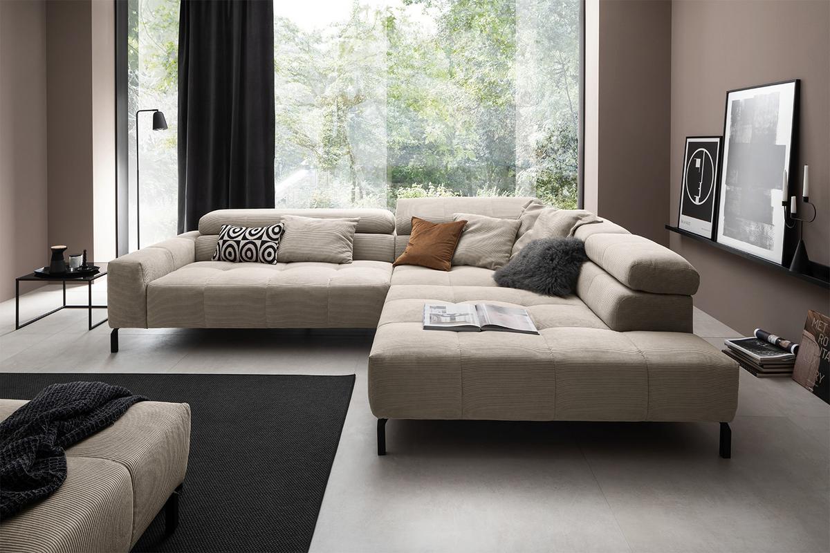 ECKSOFA MIT MOTORISCHEM SITZVORZUG OHIO Beige Cord Relaxfunktion - Beige/Schwarz, Textil/Metall (311/219cm) - KAWOLA