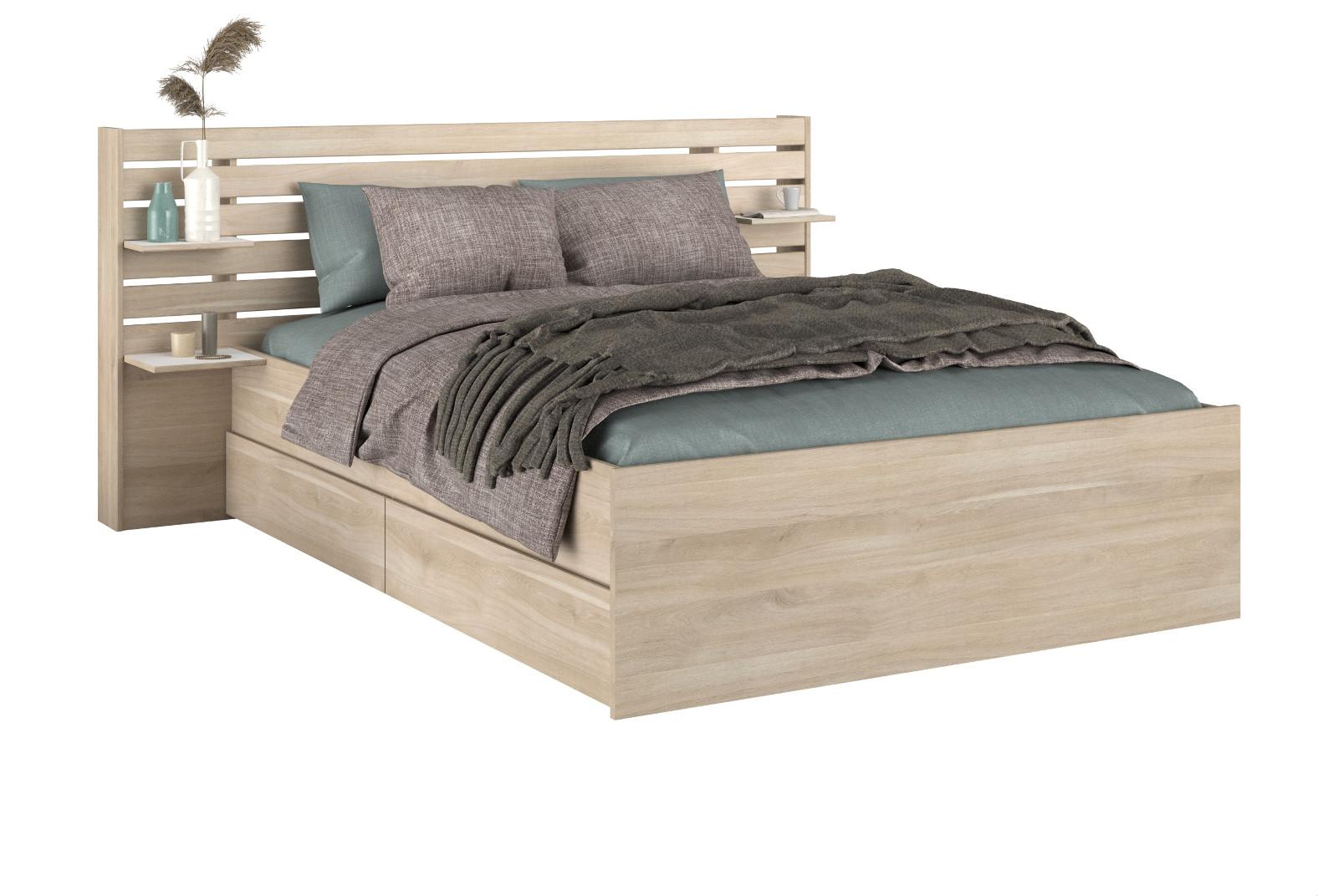STAURAUMBETT Bett 140x200 cm mit 2 x Bettschubkasten und Ablage - Eichefarben, Holz/Holzwerkstoff (140/200cm) - Parisot Meuble