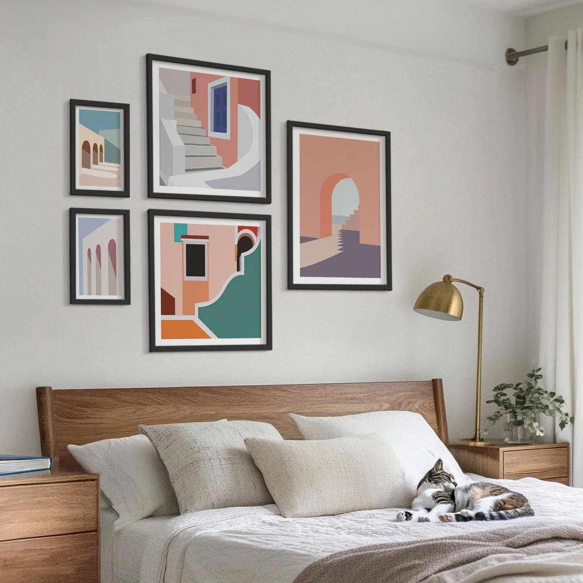 BILDER SET 5er Set - 50x50 cm & 20x30 cm & 40x60 cm Schwarzer Rahmen - Minimalistische Pastellgrafiken - Schwarz, Kunststoff (40/60cm) - TULUP