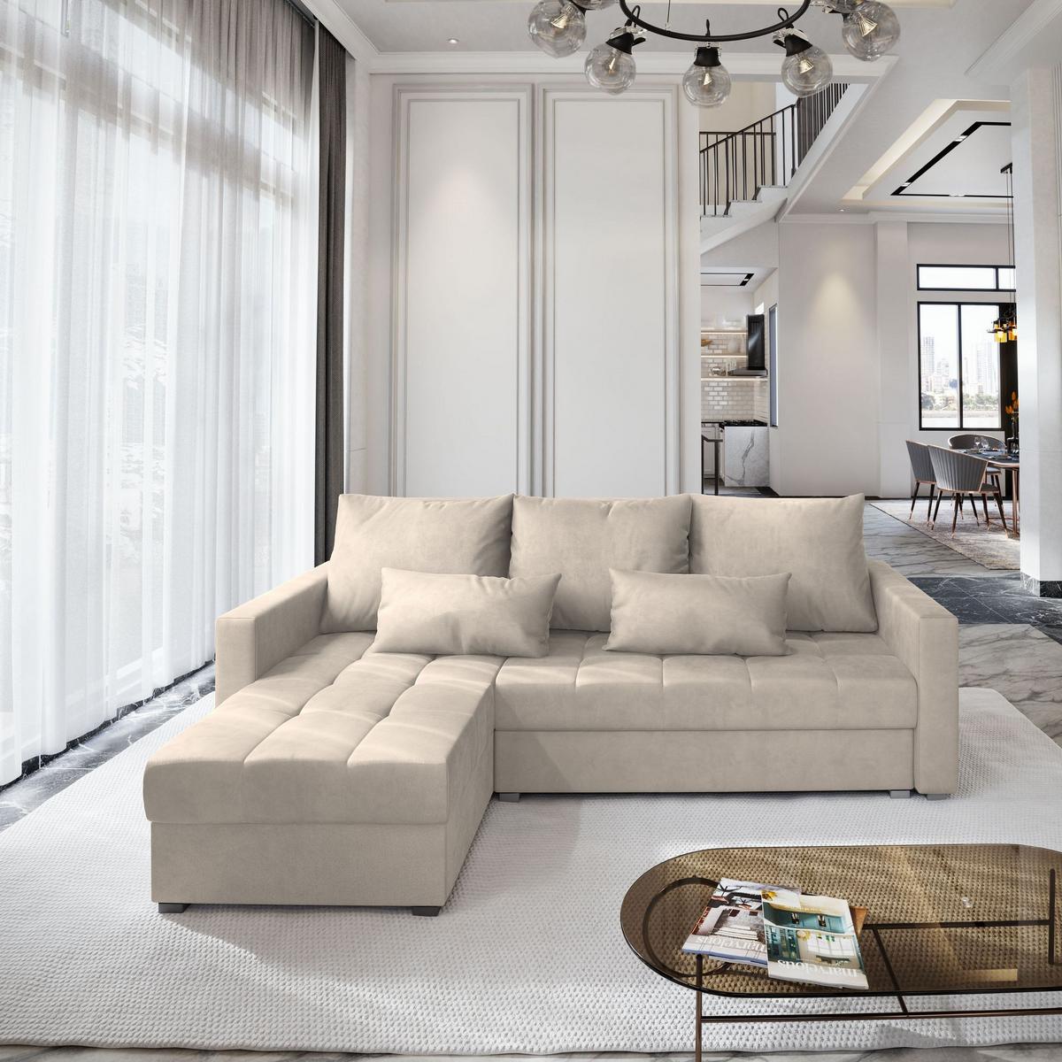 ECKSOFA KOS PIK M Creme Velours-Stoff mit Schlaffunktion - Creme/Grau, Holz/Kunststoff (220/140cm) - MASSENO