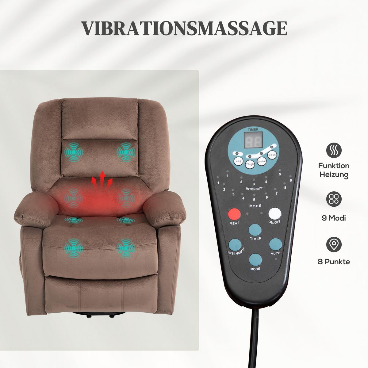 FERNSEHSESSEL mit Aufstehhilfe Elektrisch Relaxsessel mit Liege-/Massagefunktion - Schwarz/Braun, Textil/Metall (93/110/90cm) - HOMCOM