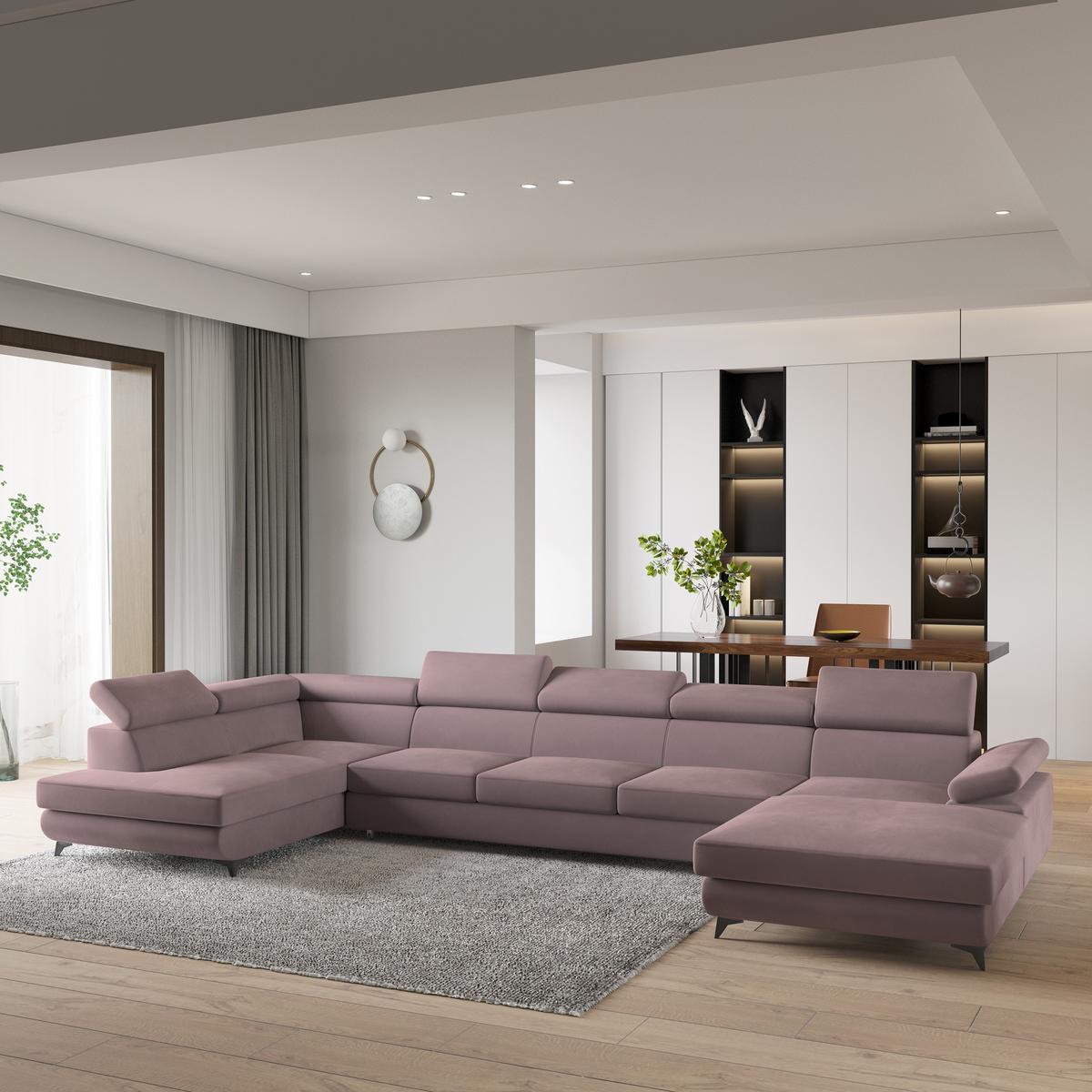 WOHNLANDSCHAFT MONTIVA Lila Velours-Stoff mit Schlaffunktion - Lila, Holz (410/89/190cm) - MASSENO