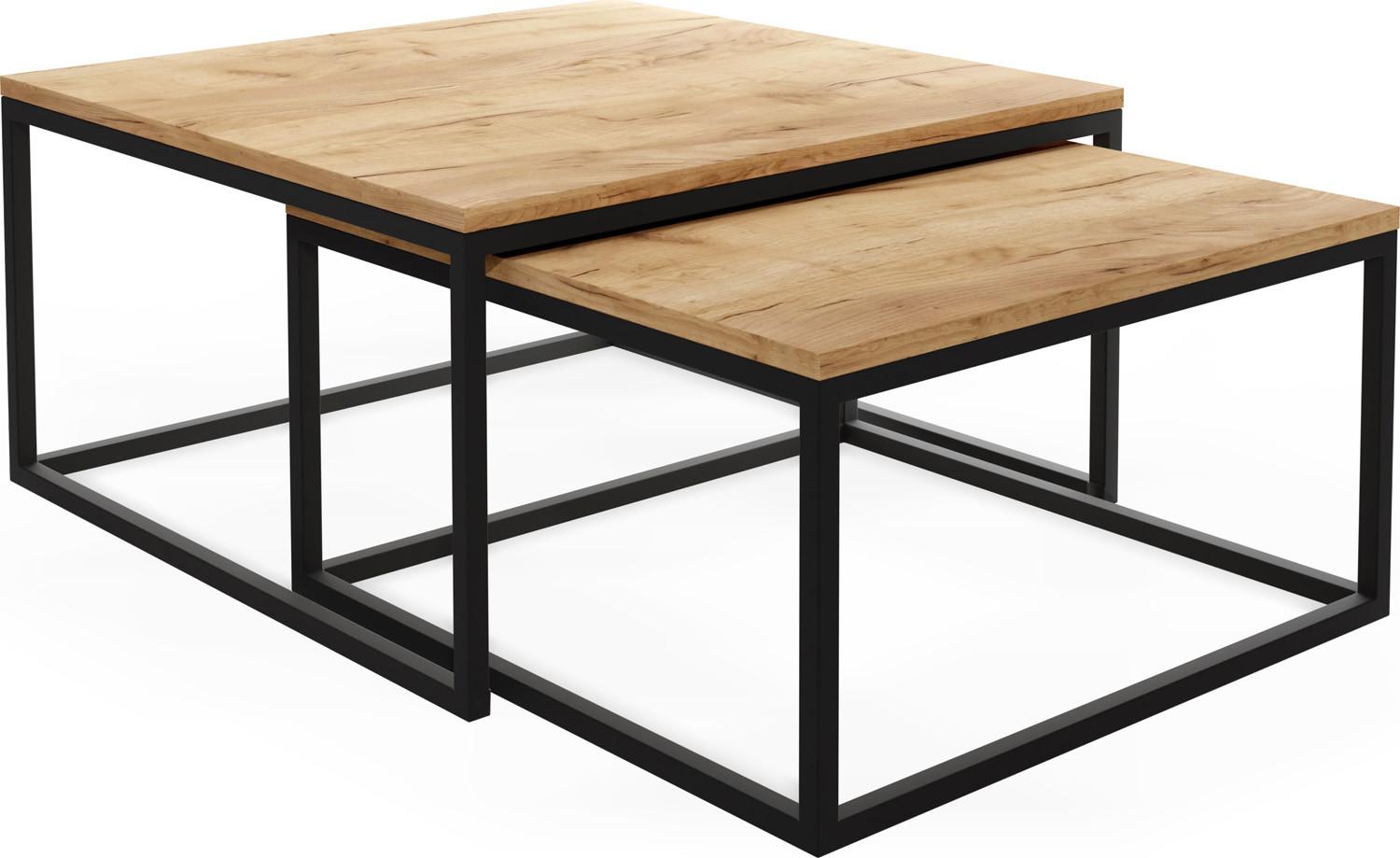 COUCHTISCHE Vella 2er-Set quadratisch, Craft Eiche 76/76/39cm + 66/66/34 cm - Eiche Wotan/Schwarz, Holzwerkstoff/Metall (76/76/39cm) - WFL GROUP