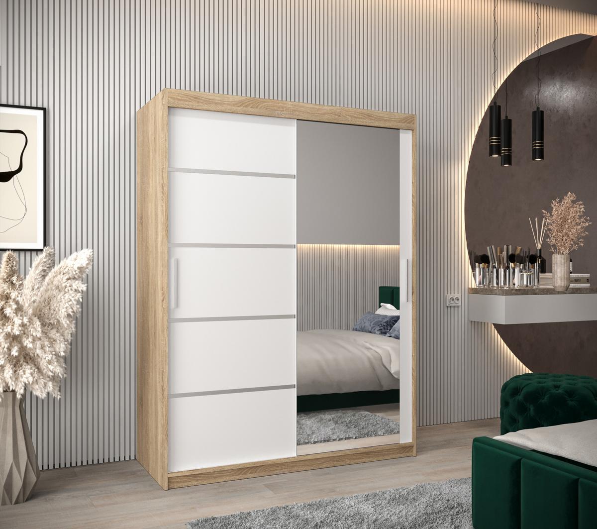 SCHWEBETÜRENSCHRANK 200/150/62 2-türig - Silberfarben/Weiß, Holz/Kunststoff (150/200/62cm) - MÖBEL KRYSPOL