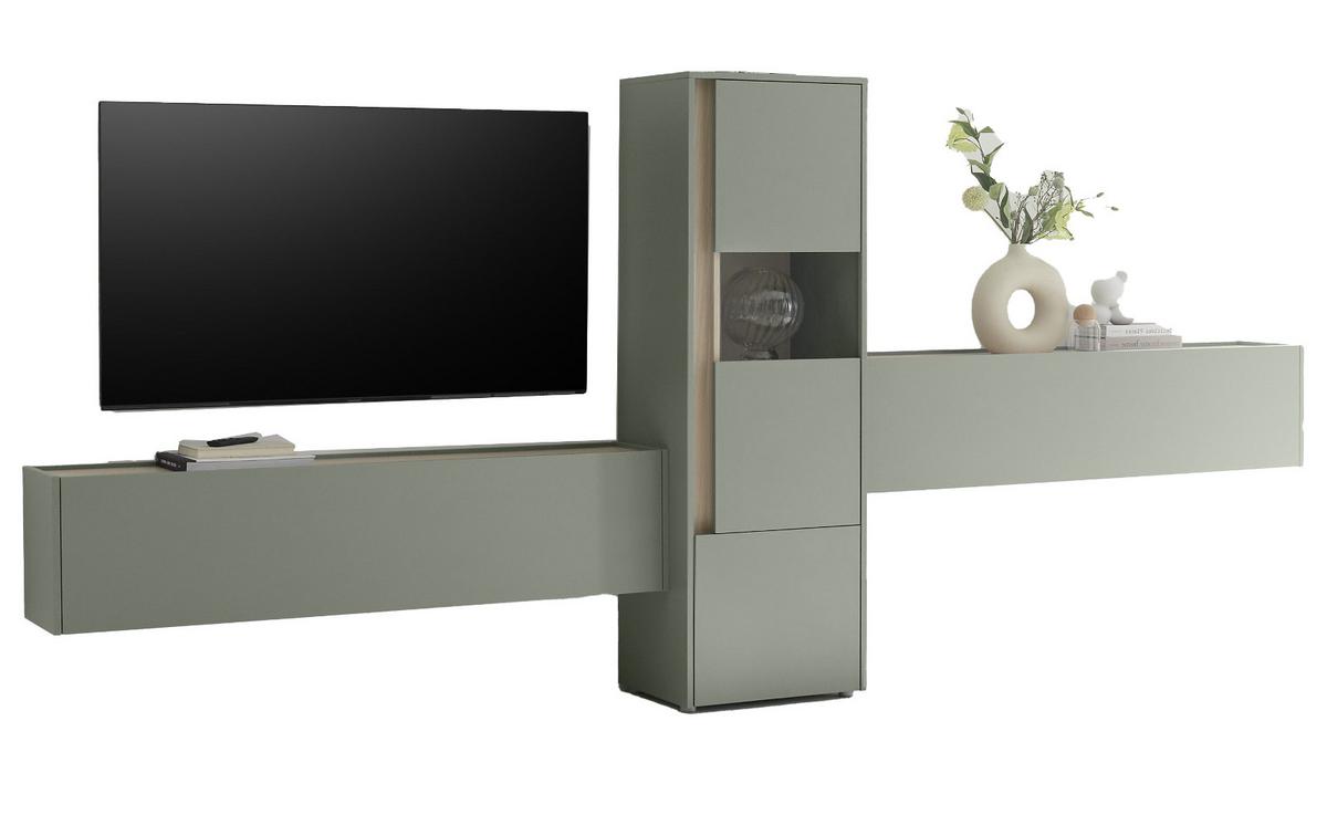 WOHNWAND 3-teilig in Salbei grün, Barista Eiche 350, Komplett-Set mit viel Stauraum - Salbeigrün/Eichefarben, Glas/Holzwerkstoff (350/155/40cm) - Furn.Design