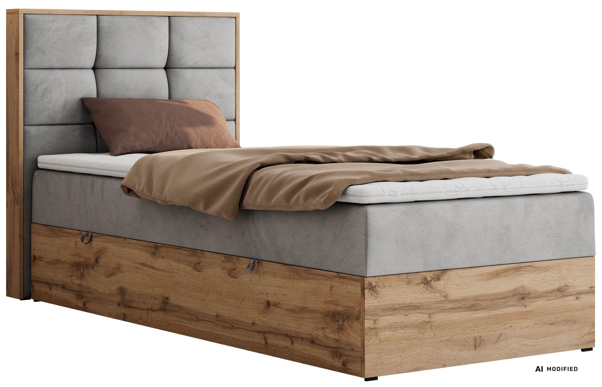 BOXBETT ALBERO 1 90/200 - Hellgrau Velvet - Topper T25 - H4 - Links - Hellgrau/Schwarz, Kunststoff/Textil (90/200cm) - MKS
