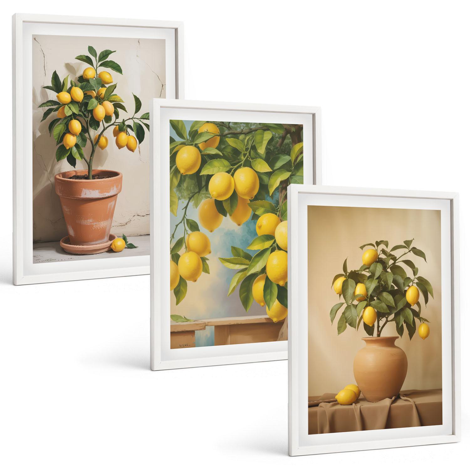 BILDER SET 3er Set - 40x60 cm Weißer Rahmen - Zitronenbäumchen im Topf und in der Vase - Weiß, Kunststoff (40/60cm) - TULUP