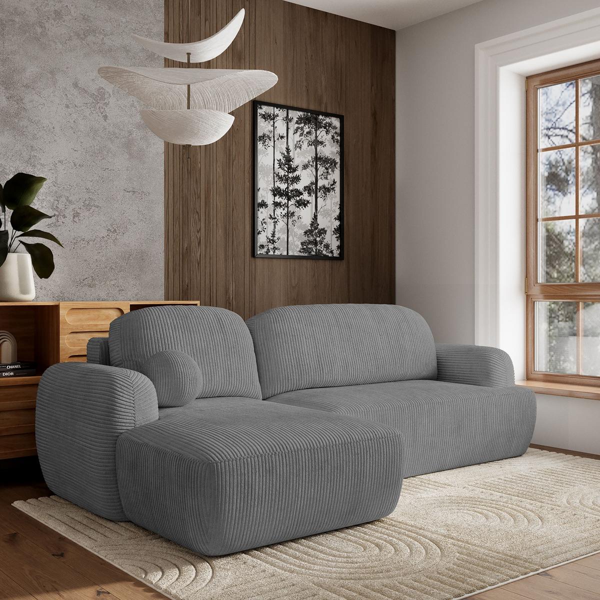 ECKSOFA MODENZA P L-S Grau Kordstoff mit Schlaffunktion - Schwarz/Grau, Holz/Kunststoff (266/148cm) - MASSENO
