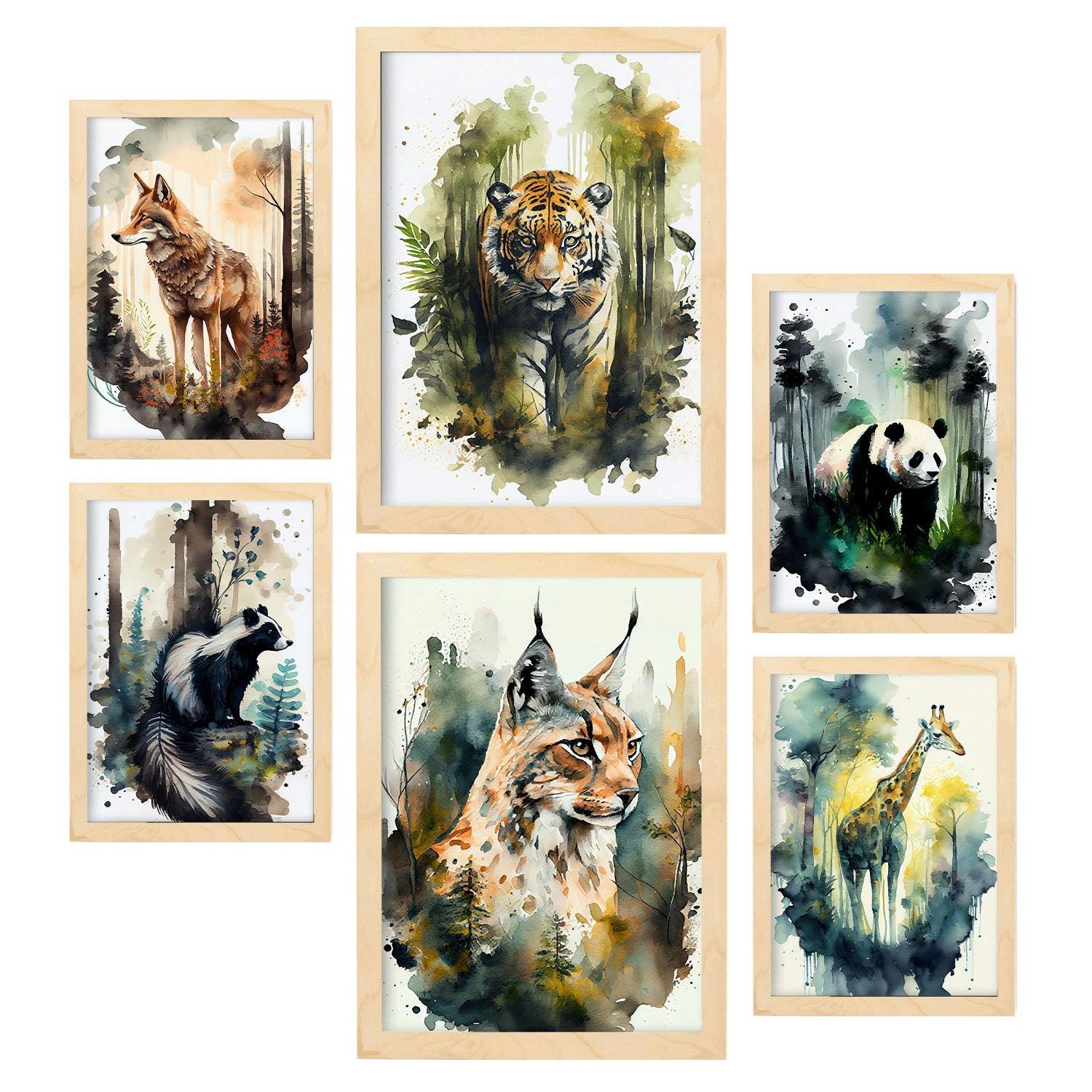 POSTER Set Mit 6 Warm Und Kalt Illustrationen Von Tieren In Naturlandschaften, Realistischer Aquarellstil A3 & A4 Rahmen Aus Hellem Holz - Beige, Papier (29/3cm) - Nacnic