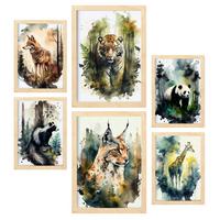 POSTER Set Mit 6 Warm Und Kalt Illustrationen Von Tieren In Naturlandschaften, Realistischer Aquarellstil A3 & A4 Rahmen Aus Hellem Holz - Beige, Papier (29/3cm) - Nacnic