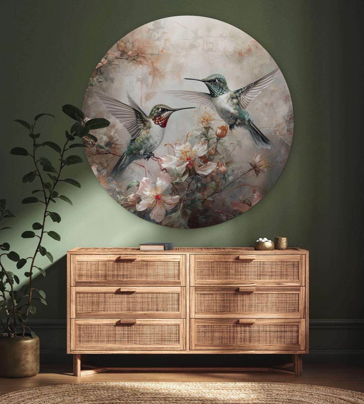 WANDBILD Kolibri - Vögel - Blumen - Pflanzen Deko Groß 150x150 cm - Hellgrün, Kunststoff (150/150cm) - MuchoWow