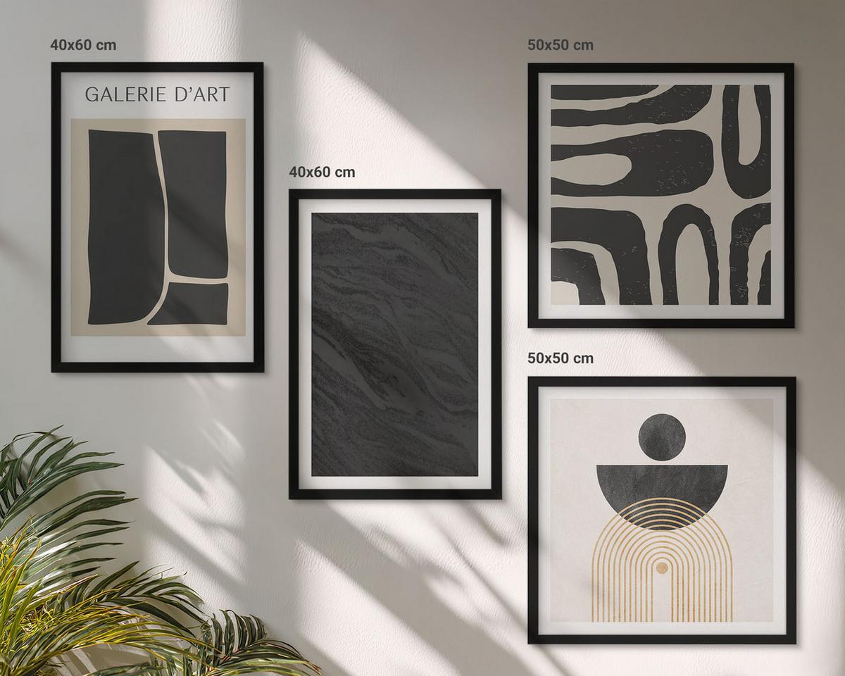 BILDER SET 4er Set - 50x50 cm & 40x60 cm Schwarzer Rahmen - Abstrakte Marmorformen - Schwarz, Kunststoff (50/50cm) - TULUP