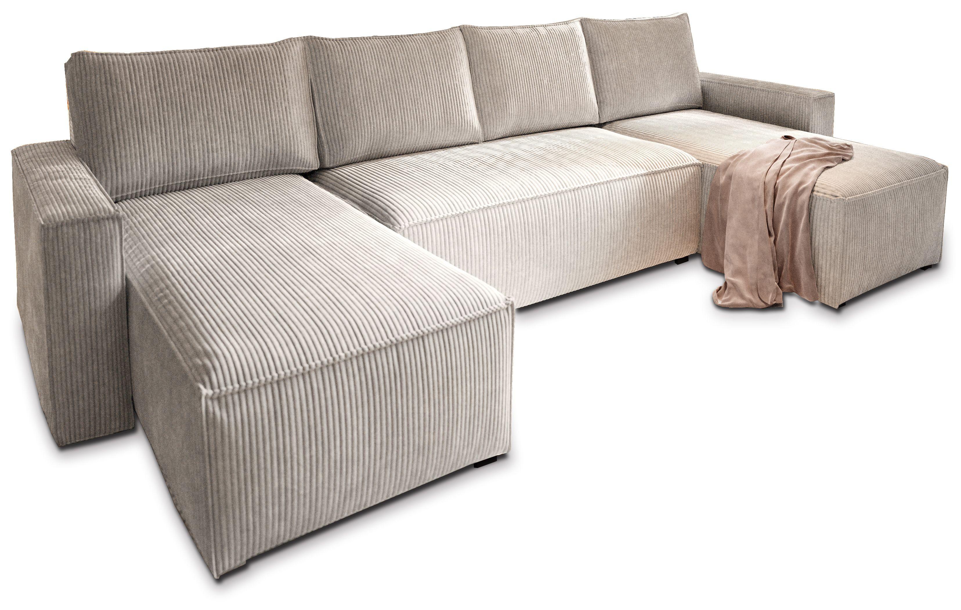 WOHNLANDSCHAFT ASPRA Creme Kordstoff mit Schlaffunktion - Creme/Grau, Holz/Kunststoff (295/85/140cm) - MASSENO