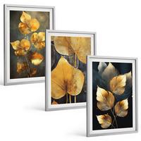BILDER SET 3er Set - 40x60 cm Silberner Rahmen - Gelbe Blätter auf dunklem Hintergrund - Silberfarben, Kunststoff (40/60cm) - TULUP