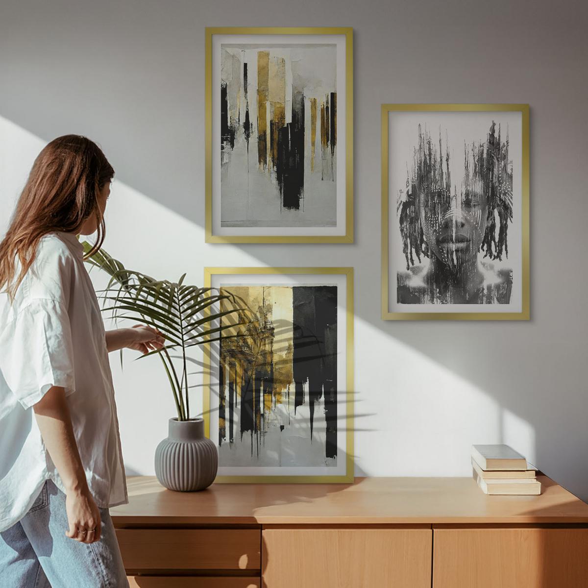 BILDER SET 3er Set - 40x60 cm Goldrahmen - Kontrastierende abstrakte Porträts - Goldfarben, Kunststoff (40/60cm) - TULUP