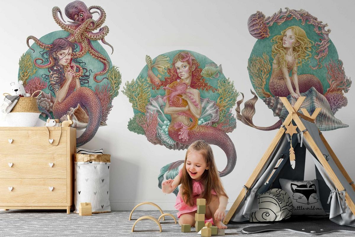WANDAUFKLEBER 130x172cm - Die kleinen Meerjungfrauen - Multicolor, Kunststoff (130/172/0.1cm) - Wallfluent