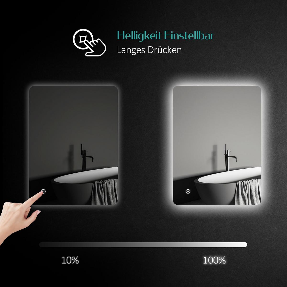 BADSPIEGEL LED abgerundet Kaltweiß Touch-Schalter Dimmbar 70/50 cm - Transparent, Glas (70/50/3cm) - EMKE