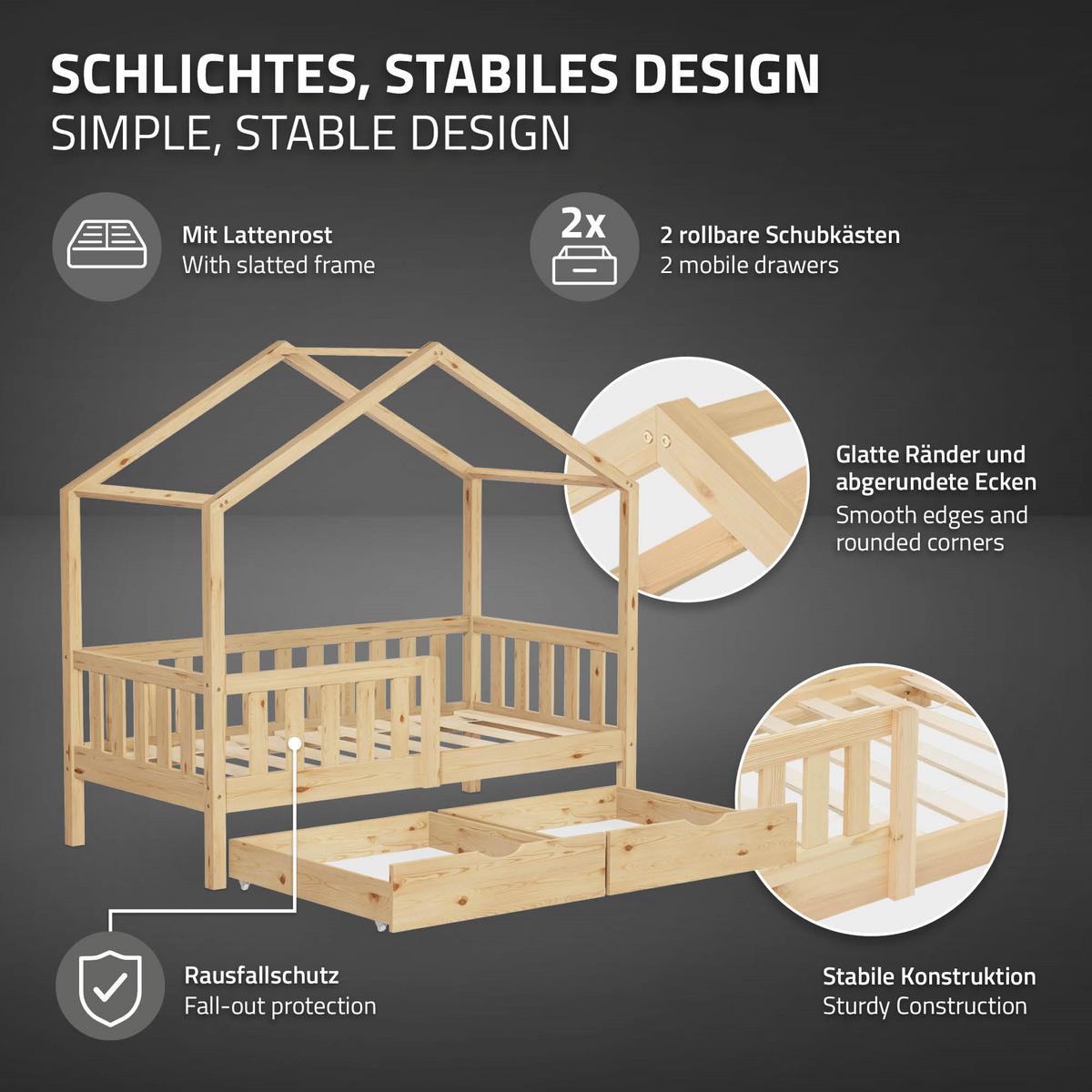 HAUSBETT mit Matratze 70x140 cm und 2 Schubladen Natur aus Kiefernholz - Beige, Holz (70/140cm) - ML-DESIGN