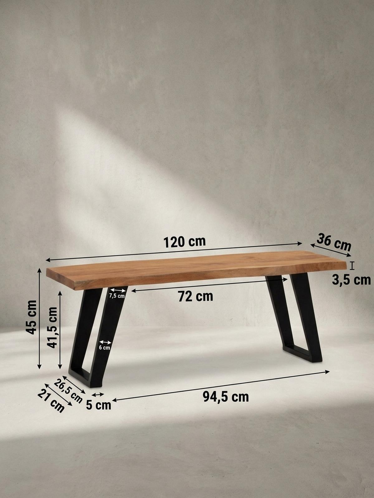 SITZBANK – Akazie Massivholz/Metall, 120x40x45,5 cm, mit Baumkante, U-Beine - Schwarz/Braun, Holz/Metall (120/46/40cm) - KADIMA DESIGN
