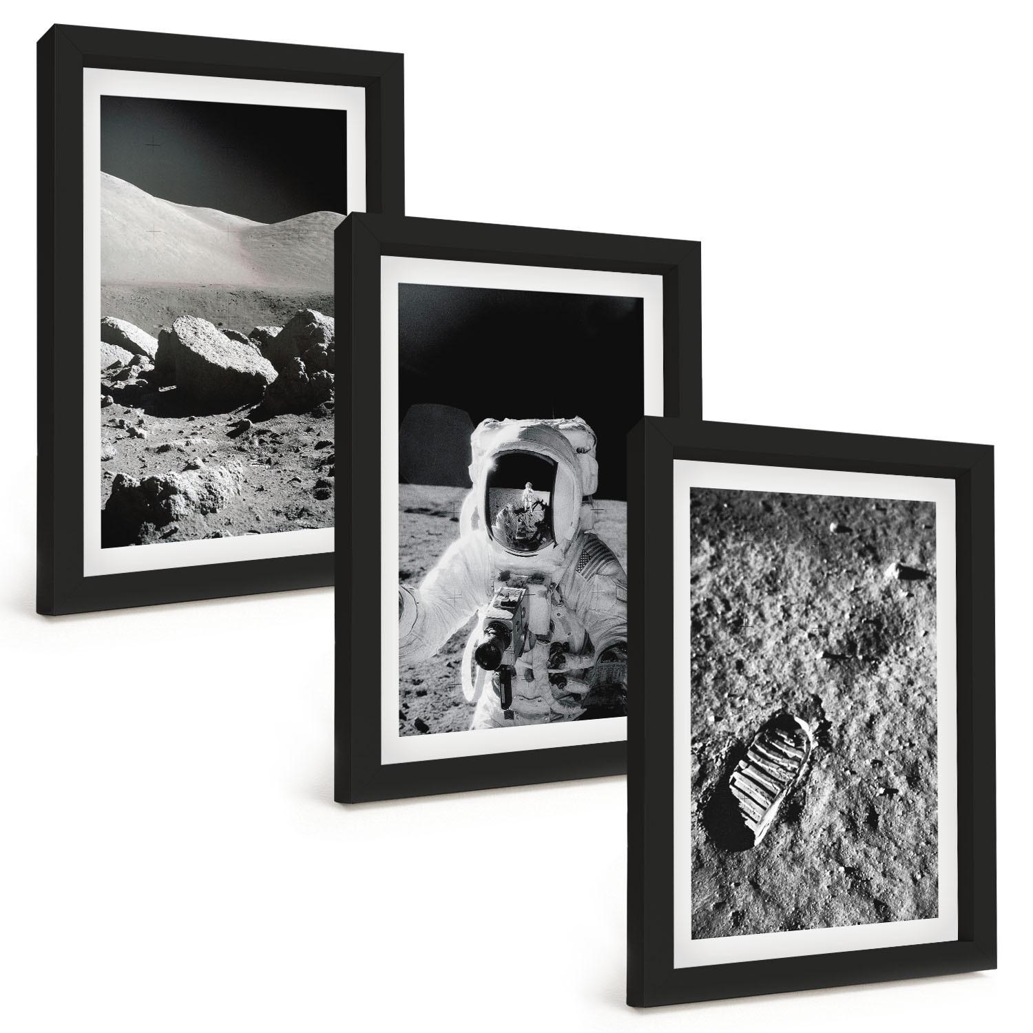BILDER SET 3er Set - 20x30 cm Schwarzer Rahmen - NASA-Fotos vom Mond Astronaut - Schwarz, Kunststoff (20/30cm) - TULUP