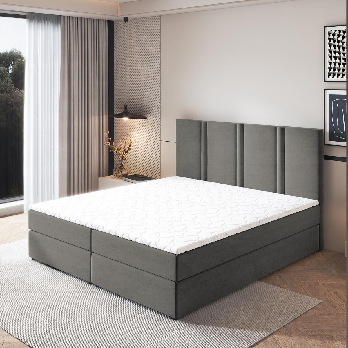 BOXBETT LARIO 160x200 cm mit Matratze und Topper - Grau - Grau, Holz (160/200cm) - MASSENO
