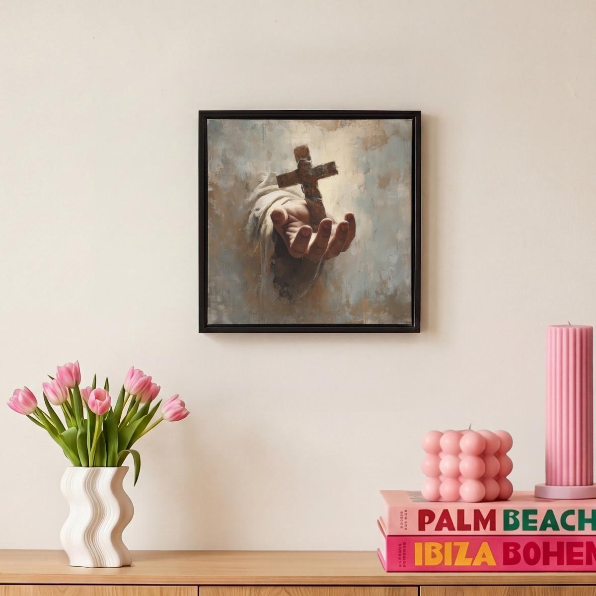 LEINWAND Bilder mit Rahmen - Abstrakt - Kreuz - Hand - Christentum - 20x20 - Hellbraun, Textil (20/20cm) - MuchoWow