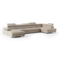 WOHNLANDSCHAFT MONTIVA Beige Boucle-Stoff mit Schlaffunktion - Beige, Holz (410/89/190cm) - MASSENO