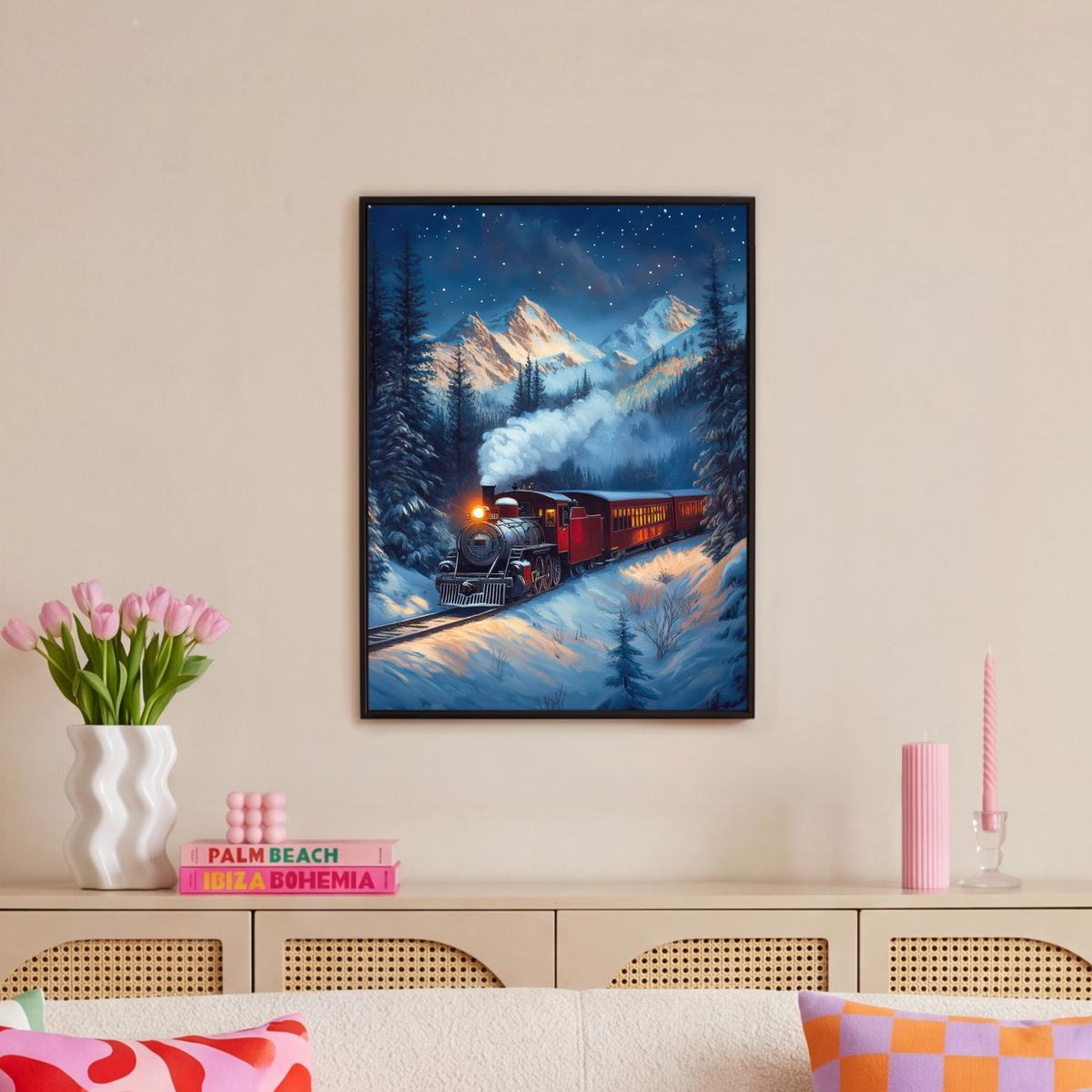LEINWAND Bilder mit Rahmen - Zug - Weihnachten - Schnee - Weihnachtszug - 60x80 - Anthrazit, Textil (60/80cm) - MuchoWow