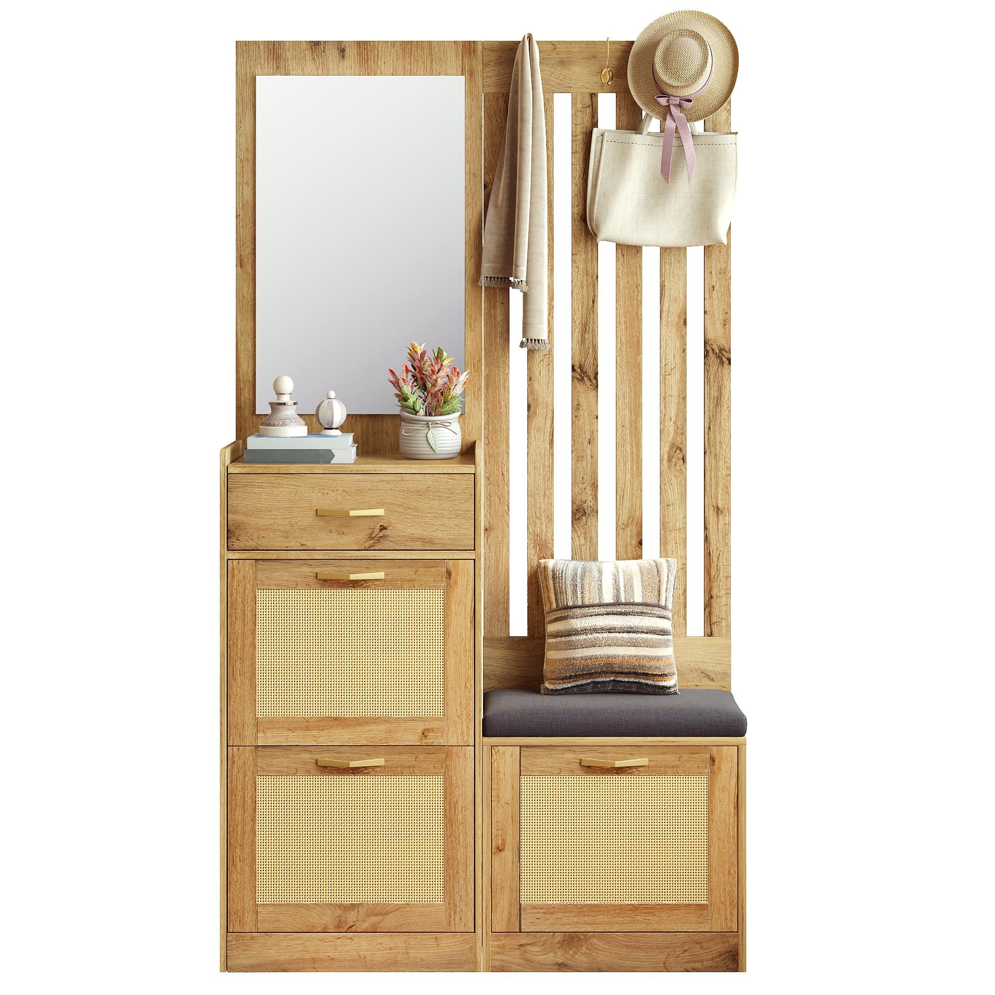 GARDEROBE 100cm Natur & Rattanoptik mit Schuhkipper, Spiegel & Sitzbank - Naturfarben, Holzwerkstoff (99.5/180/26cm) - Urban Meuble