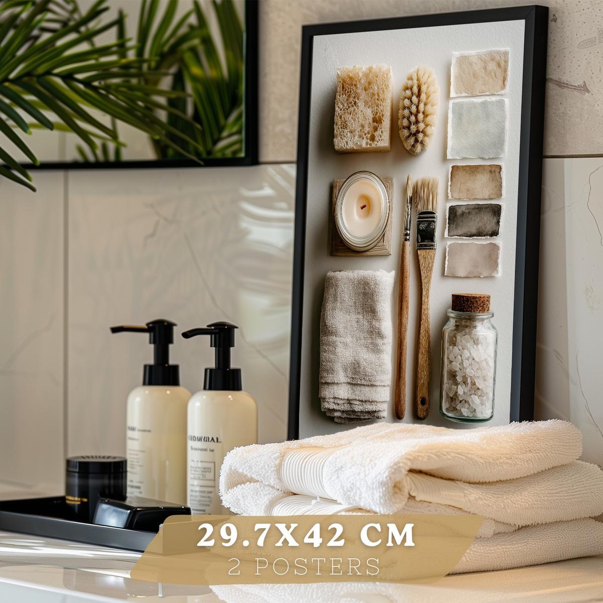 POSTER 2er-Set dekorative Badezimmer-Wandbilder und für Waschbecken, Dusche, WC mit Seifen, Tassen, Blumen künstlerischer Schwarzer Rahmen A3 - Schwarz, Papier (42/29.7/3cm) - Nacnic