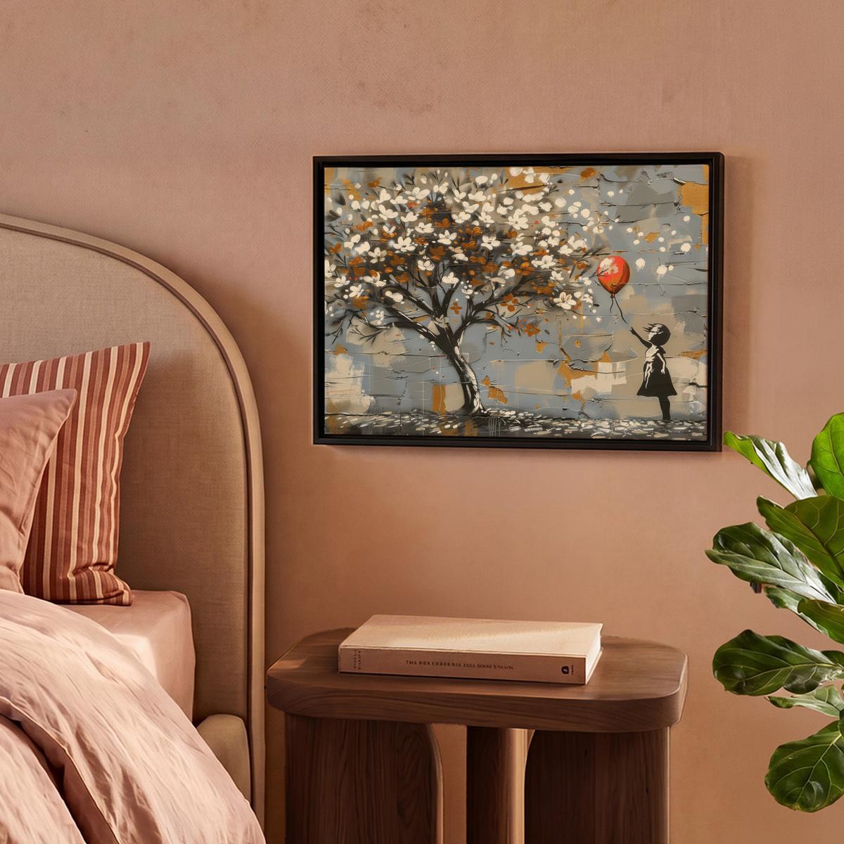 LEINWAND Bilder mit Rahmen - Baum - Graffiti - Banksy-Stil - Ballon-Mädchen - 40x30 - Blaugrau, Textil (40/30cm) - MuchoWow