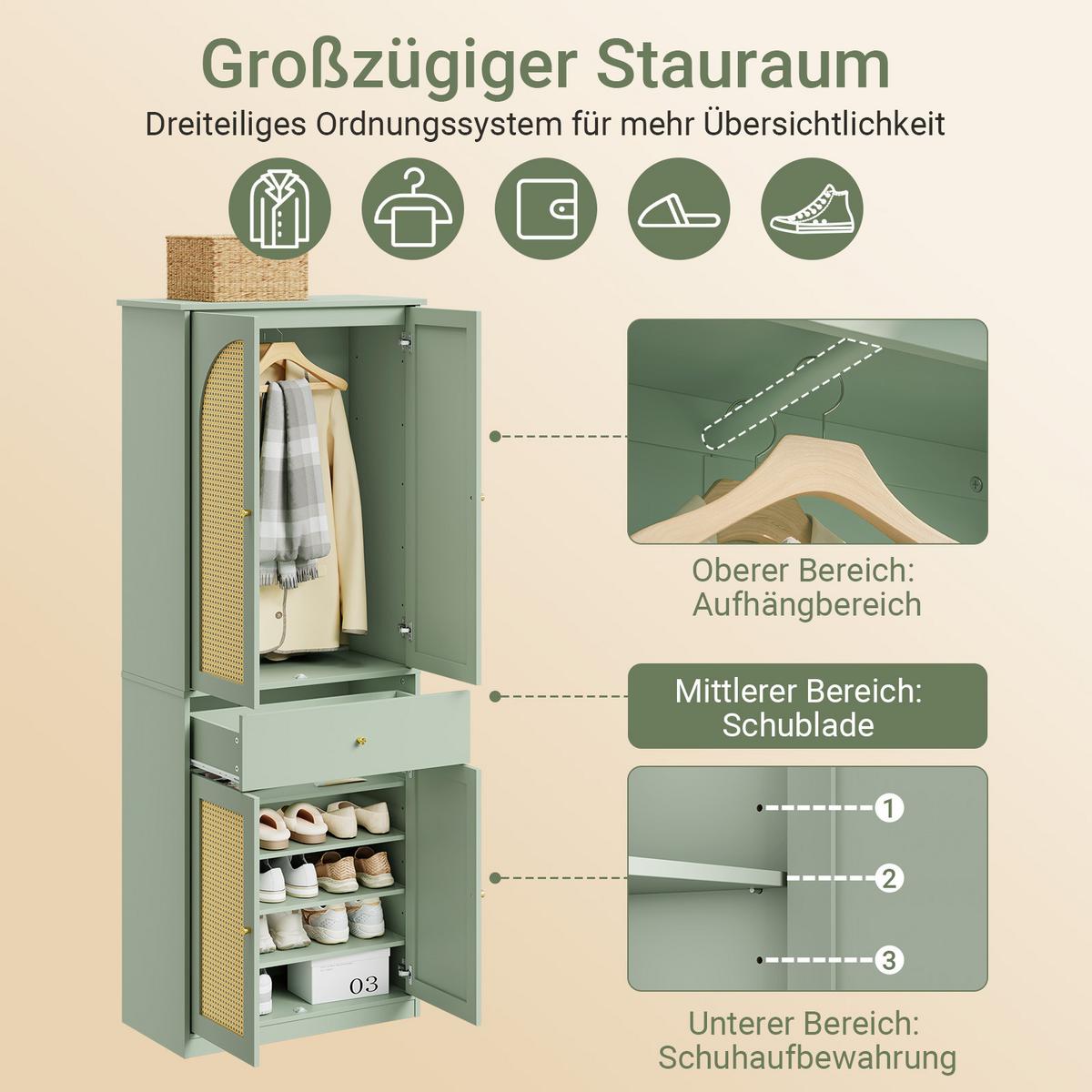 KLEIDERSCHRANK mit 4 Türen, 1 Schublade und 5 verstellbaren Böden, 70x34x180 cm - Grün, Holzwerkstoff (70/180/34cm) - SoBuy