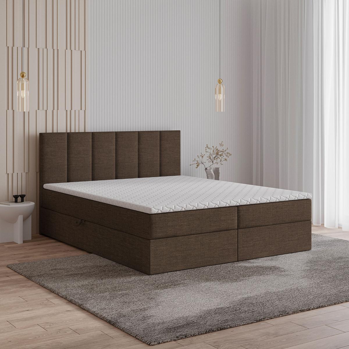 BOXBETT MERIL 200x200 cm mit Matratze und Topper, H2+H3 - Braun - Braun, Holz (200/200cm) - MASSENO