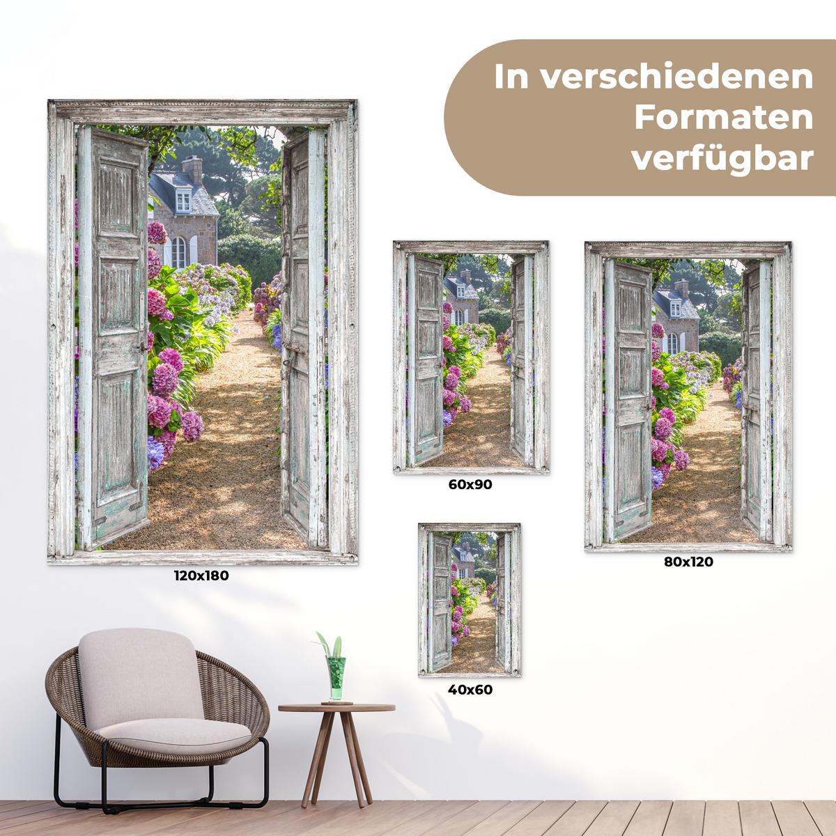 GARTENPOSTER Durchblick - Hortensie - Blumen Bild 120x180 cm - Hellgrau, Kunststoff (120/180/0.2cm) - OnlyWow