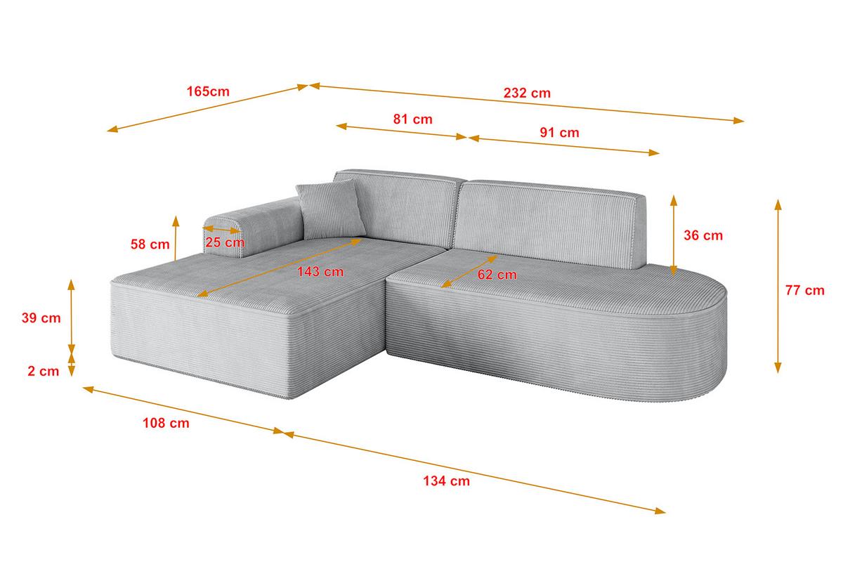 ECKSOFA Ottomane Links IREA-L1-v3 - 232x165x77 cm Grau - Grau, Holzwerkstoff/Textil (232/165cm) - ALTDECOR