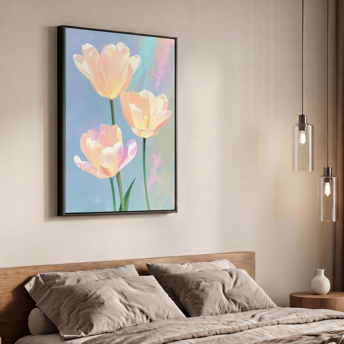 LEINWAND Bilder mit Rahmen - Tulpen - Rosa Akzente - Blau - 70x100 - Pastellblau, Textil (70/100cm) - MuchoWow