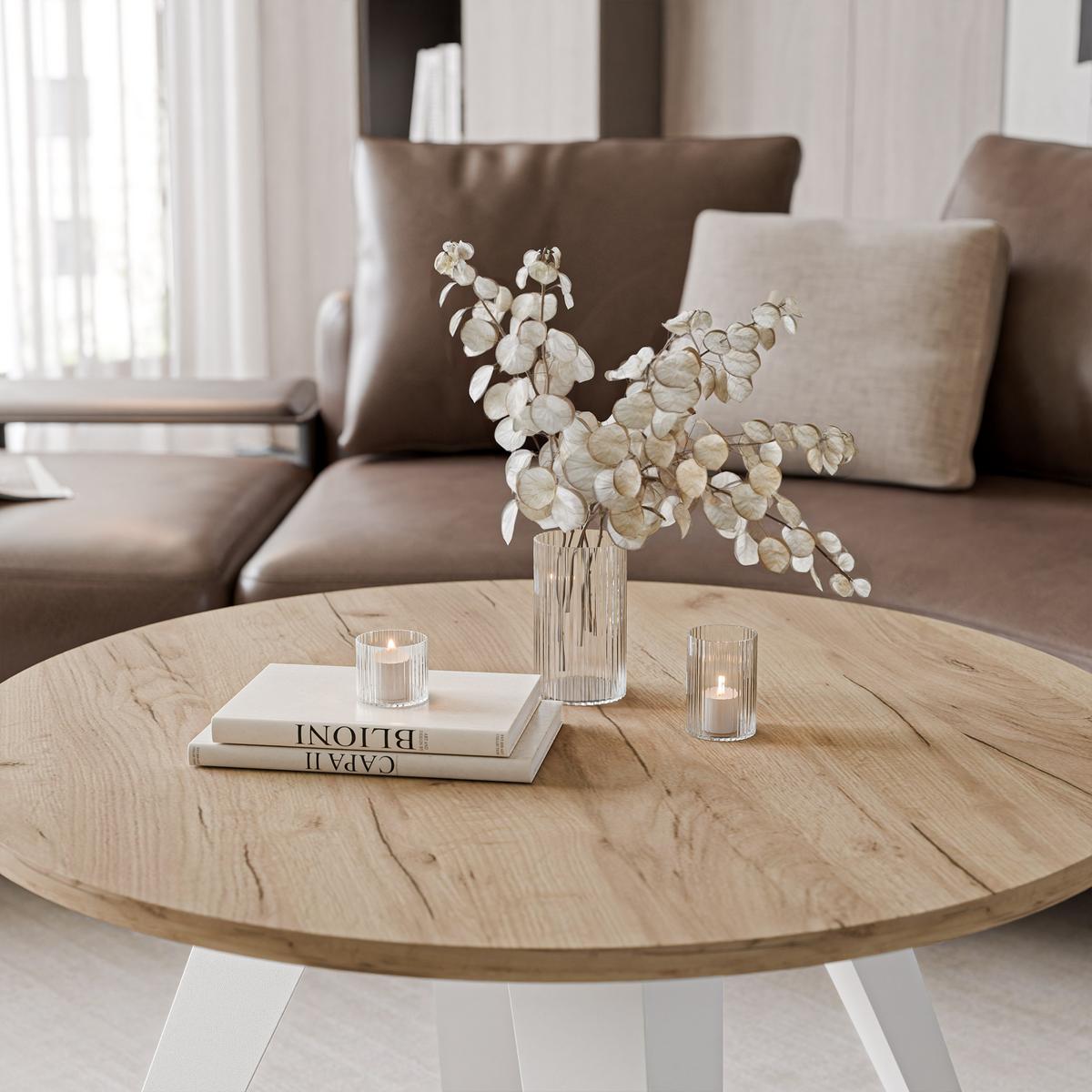COUCHTISCH FERRO 75/50 cm runden, Weiß / Craft-Eiche - Eichefarben/Weiß, Metall (75/75/50cm) - Idohome